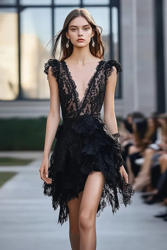 Black Lace Deep V-Neck Cocktail Dress sold by Zapaka