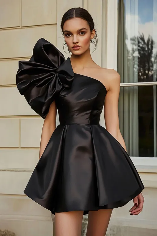 Black Satin A Line Cocktail Dress with Ruffles sold by Zapaka