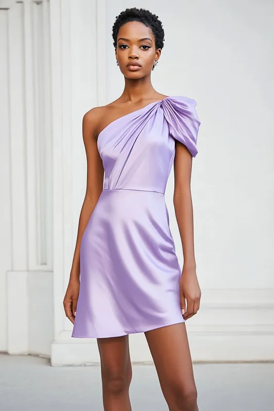One Shoulder Lilac Satin Short Cocktail Dress sold by Zapaka