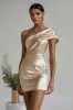 Champagne One Shoulder Short Satin Cocktail Dress sold by Zapaka