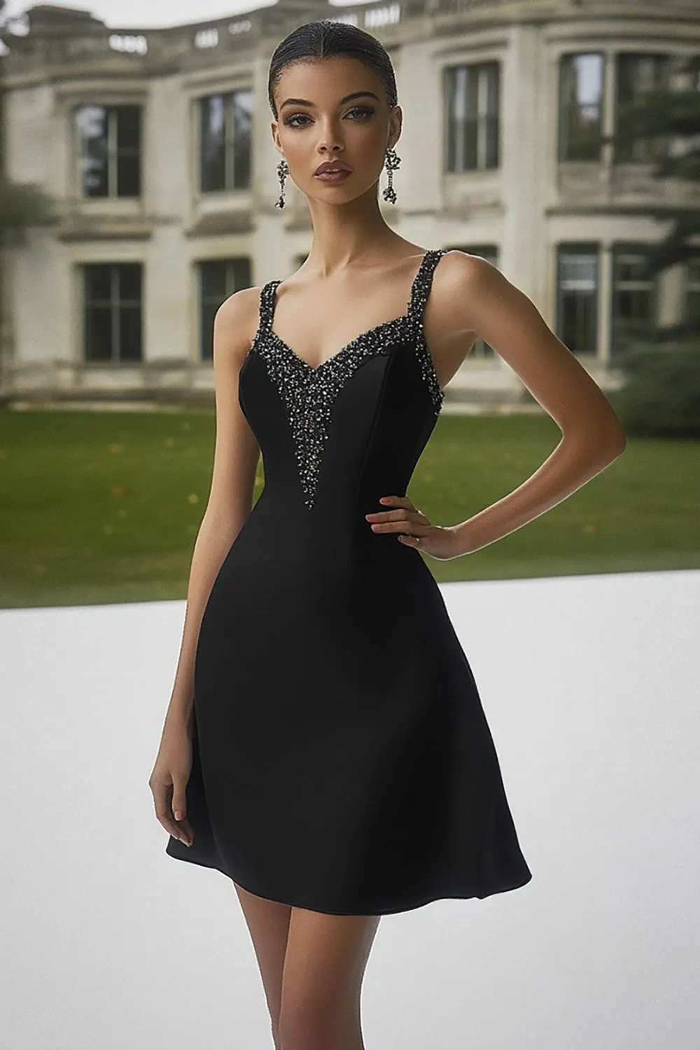 Sparkly Black Spaghetti Straps A Line Short Cocktail Dress with Beading sold by Zapaka