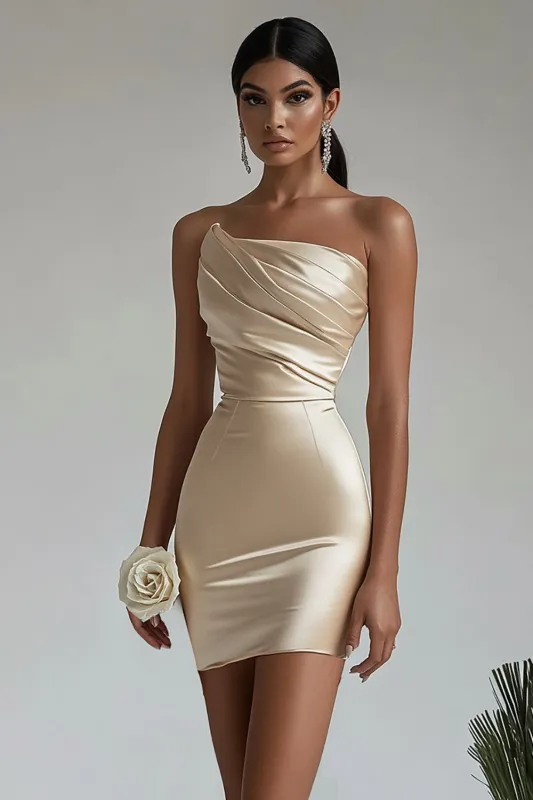 Champagne Strapless Ruched Bodycon Short Cocktail Dress sold by Zapaka