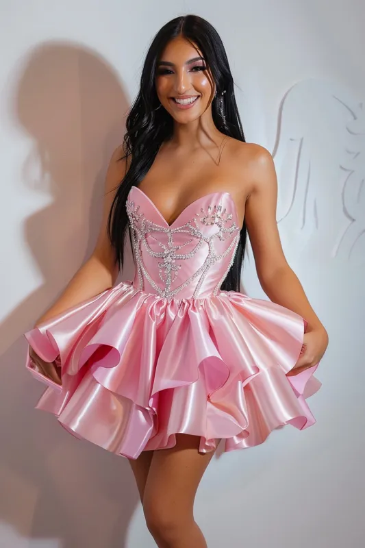 Sparkly Pink Satin Beaded Short Homecoming Dress with Ruffles sold by Zapaka