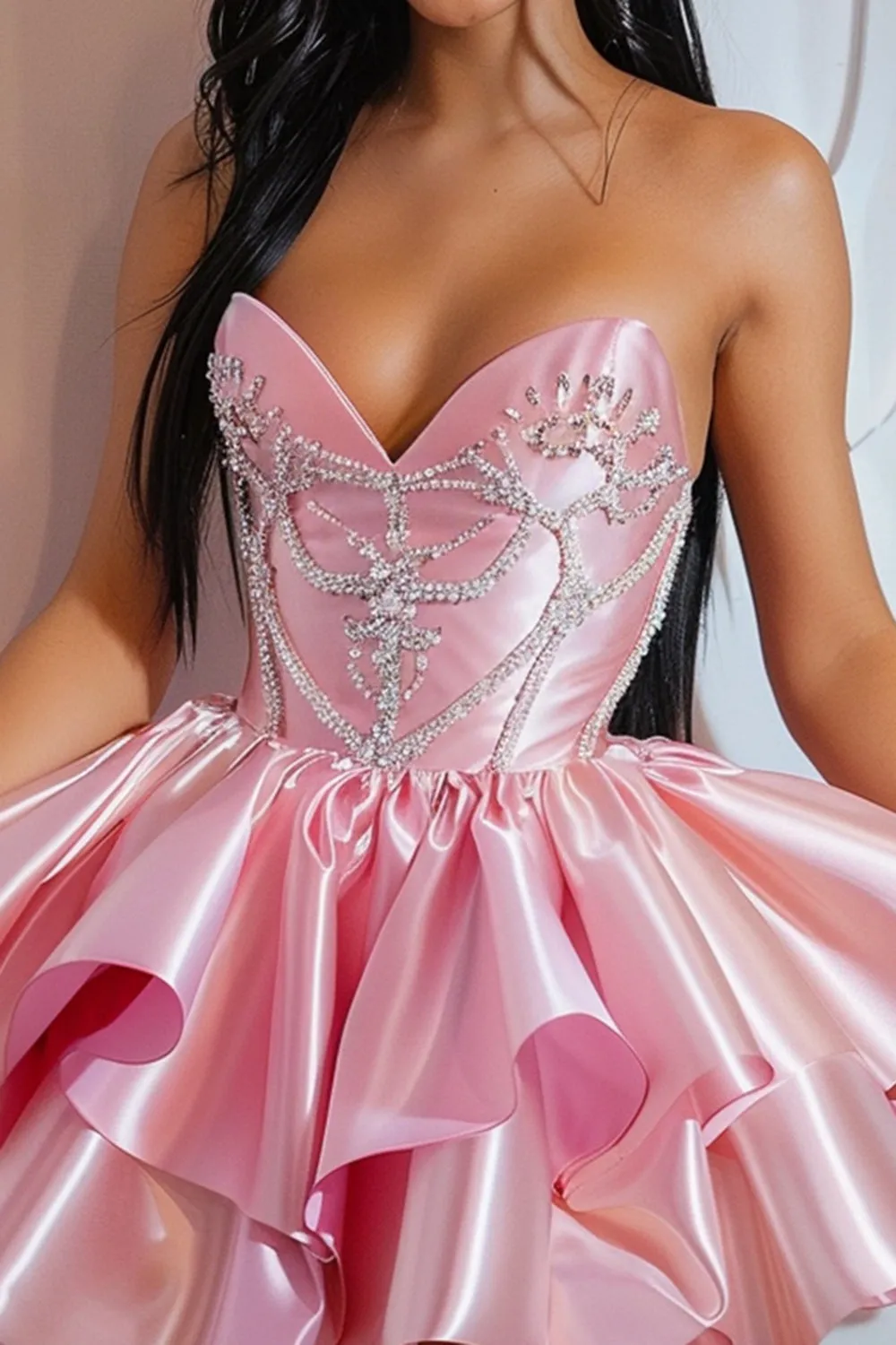 Sparkly Pink Satin Beaded Short Homecoming Dress with Ruffles sold by Zapaka product image thumbnail 2