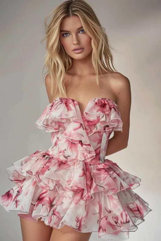Pink Floral Strapless Short Homecoming Dress with Ruffles sold by Zapaka