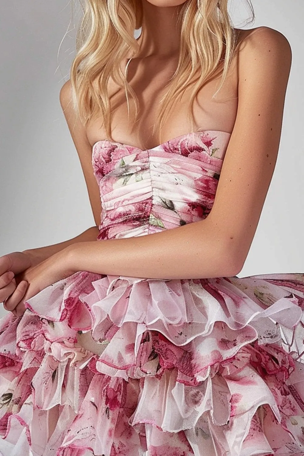 Pink Floral Tulle Ruffled Sweetheart Short Homecoming Dress sold by Zapaka product image thumbnail 2