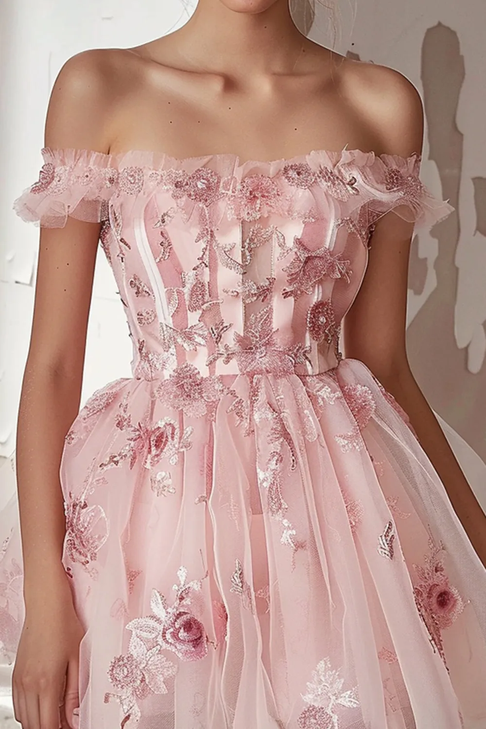 Pink Floral Off the Shoulder Embroidery Short Homecoming Dress with Ruffles sold by Zapaka product image thumbnail 2