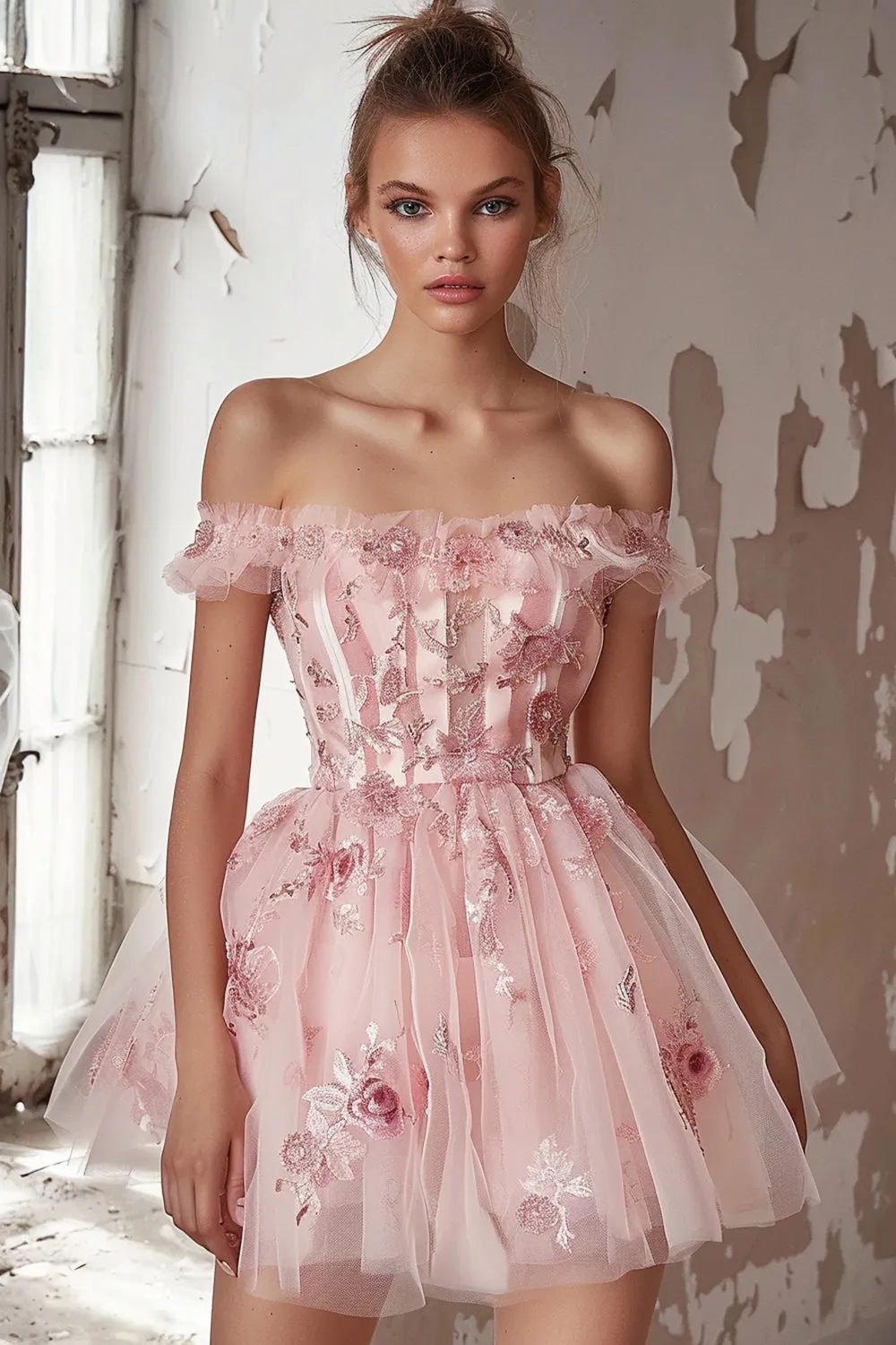 Pink Floral Off the Shoulder Embroidery Short Homecoming Dress with Ruffles sold by Zapaka