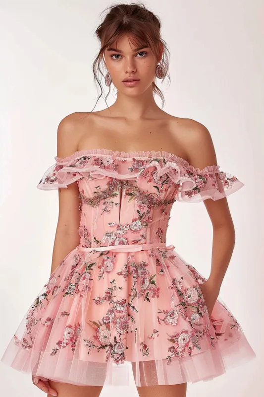 Pink Floral Corset Ruffled Short Homecoming Dress sold by Zapaka