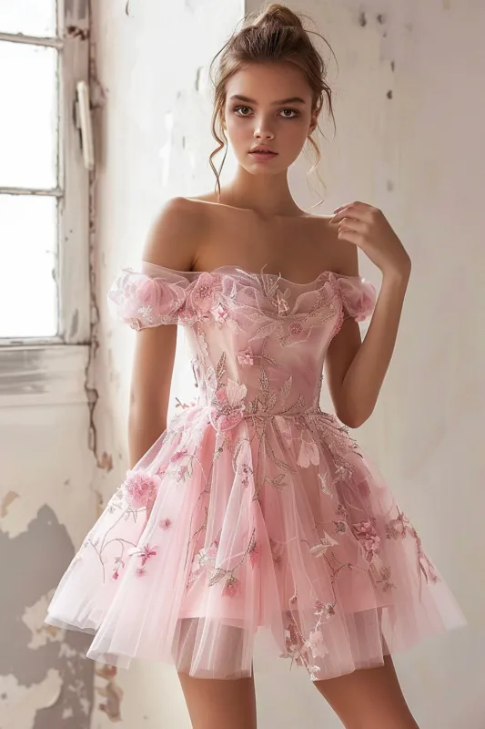 Pink Floral Off the Shoulder Short Homecoming Dress sold by Zapaka