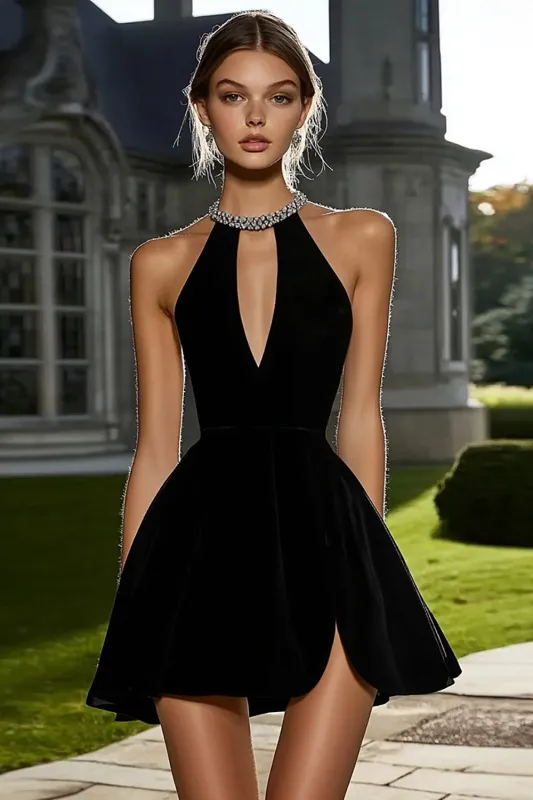 Sparkly Black Halter Short Cocktail Dress with Rhinestones sold by Zapaka