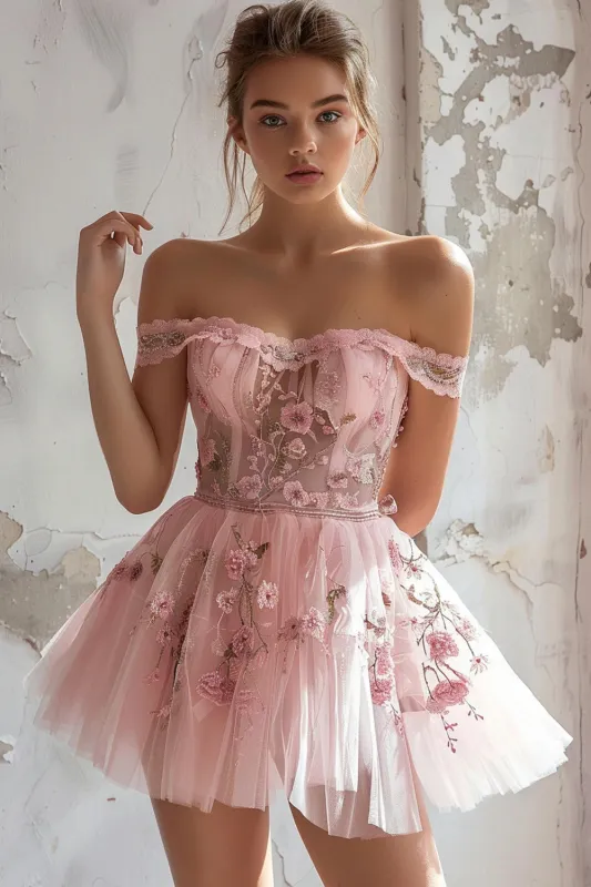 Pink Floral A Line Embroidery Short Homecoming Dress sold by Zapaka