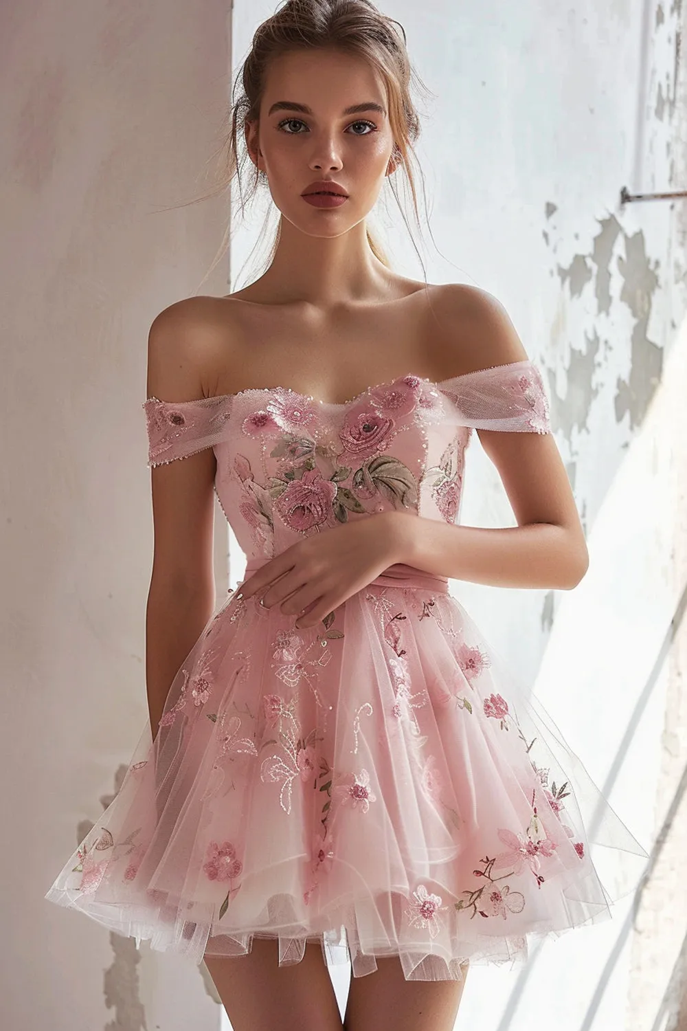 Pink Floral Embroidery Tulle Off the Shoulder Short Homecoming Dress sold by Zapaka
