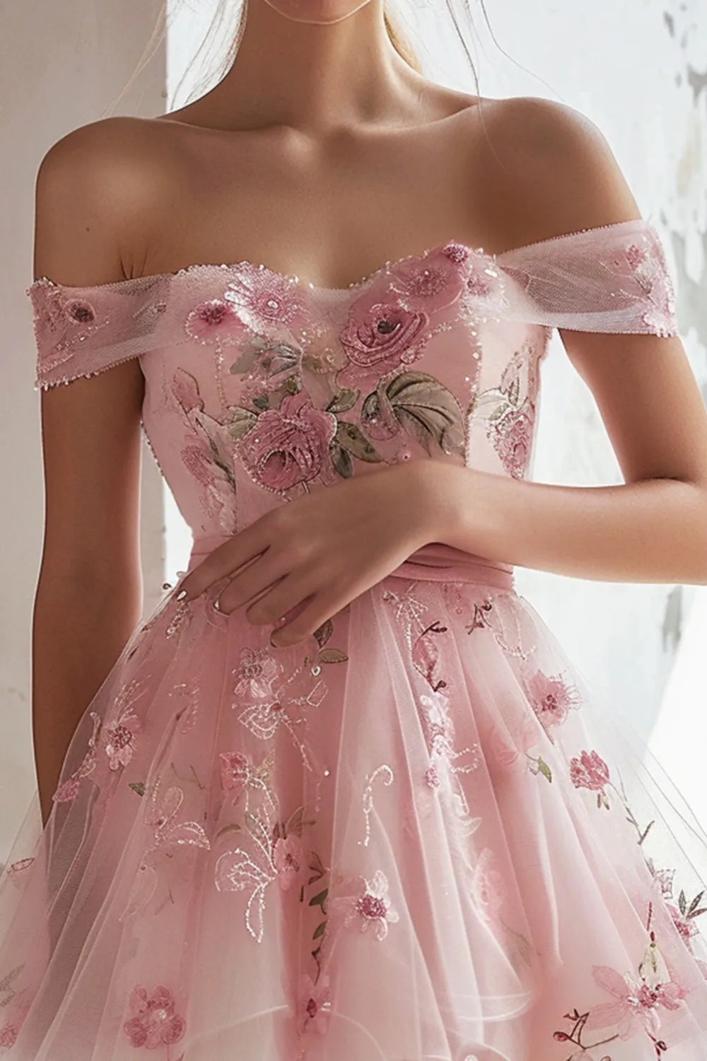 Pink Floral Embroidery Tulle Off the Shoulder Short Homecoming Dress sold by Zapaka product image thumbnail 2