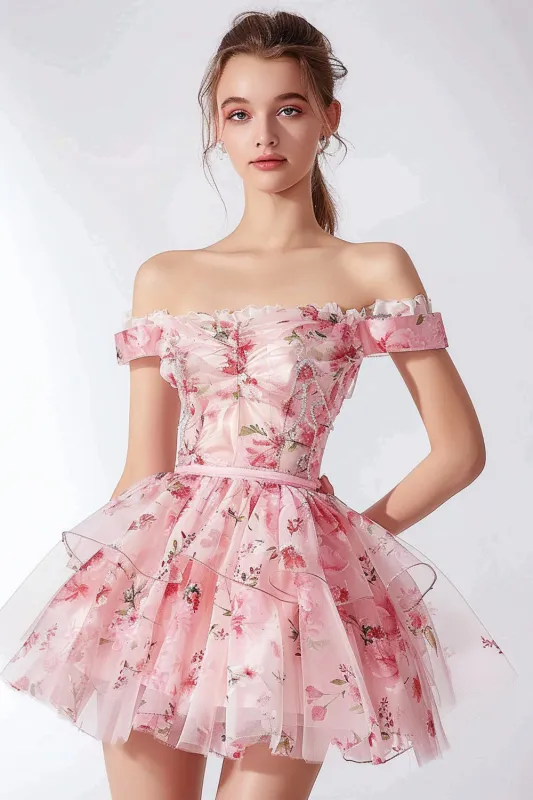 Pink Floral Tulle Off the Shoulder Short Homecoming Dress with Ruffles sold by Zapaka