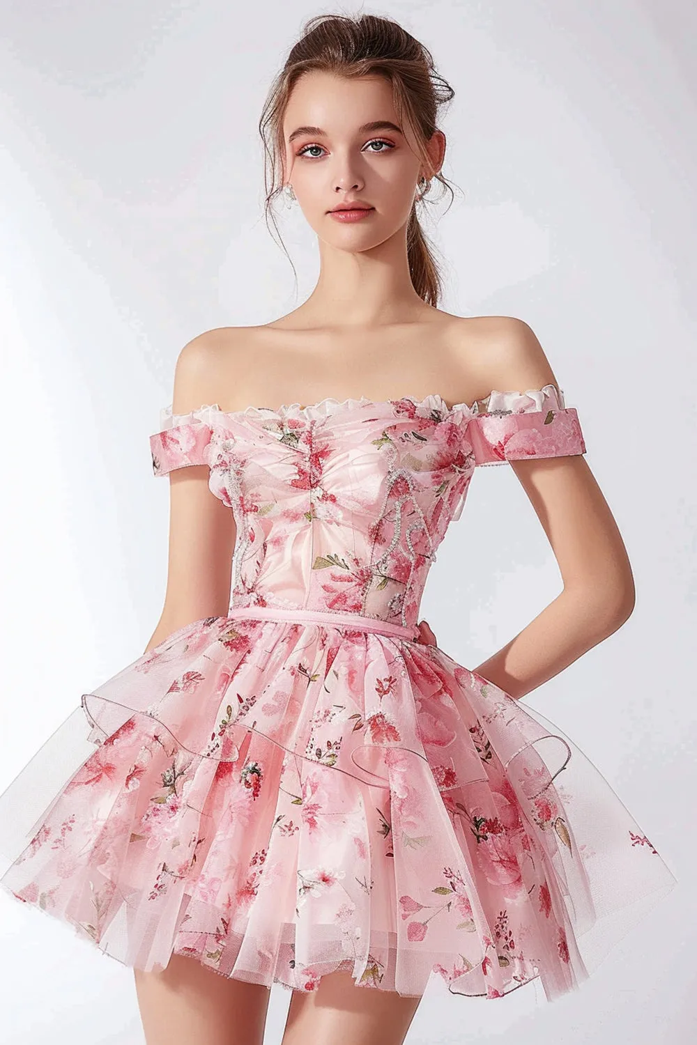 Pink Floral Tulle Off the Shoulder Short Homecoming Dress with Ruffles sold by Zapaka