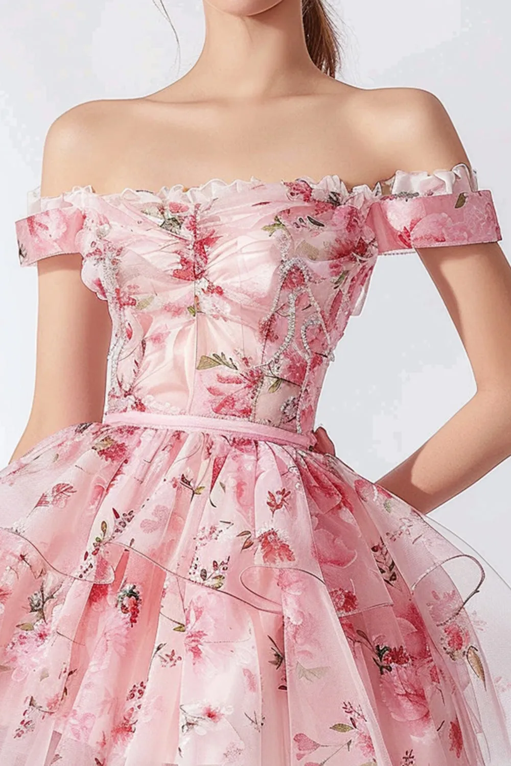 Pink Floral Tulle Off the Shoulder Short Homecoming Dress with Ruffles sold by Zapaka product image thumbnail 2