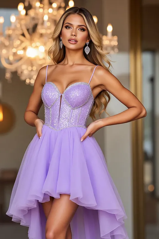 Sparkly Purple Corset Spaghetti Straps High-Low Homecoming Dress sold by Zapaka