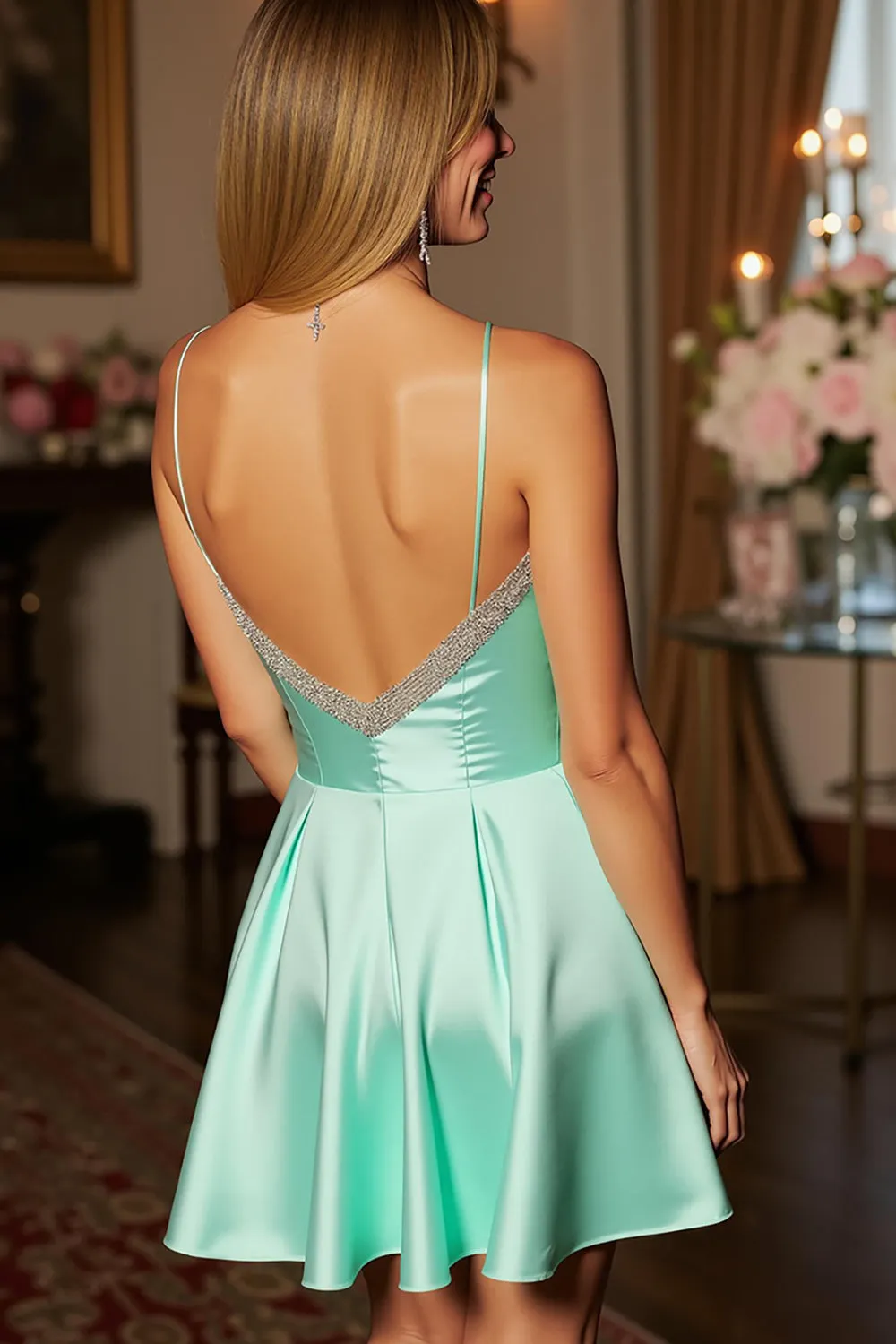 Sparkly Green Satin Spaghetti Straps Short Homecoming Dress wiith Beading sold by Zapaka product image thumbnail 2
