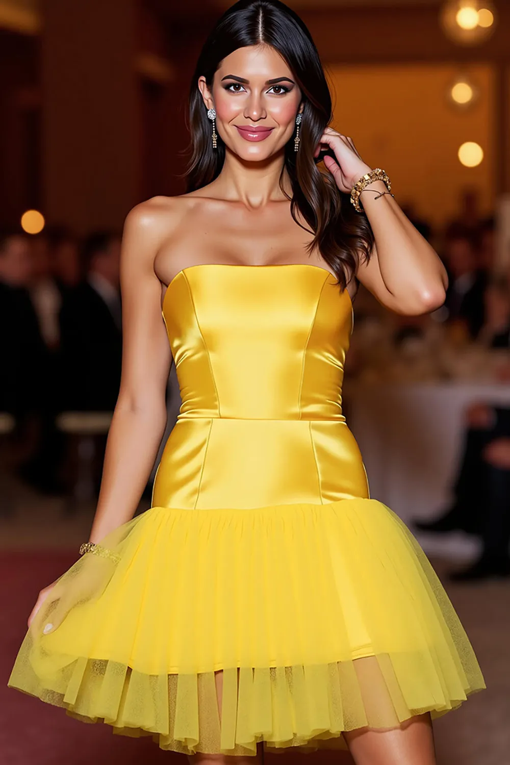 Yellow Satin Strapless Short Homecoming Dress with Ruffles sold by Zapaka product image thumbnail 3