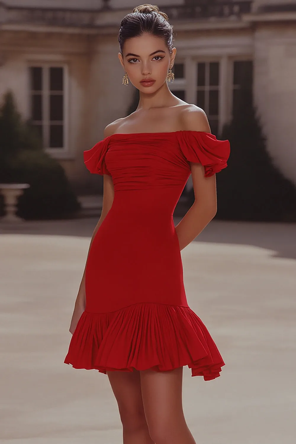 Red Bodycon Ruffled Short Cocktail Dress sold by Zapaka