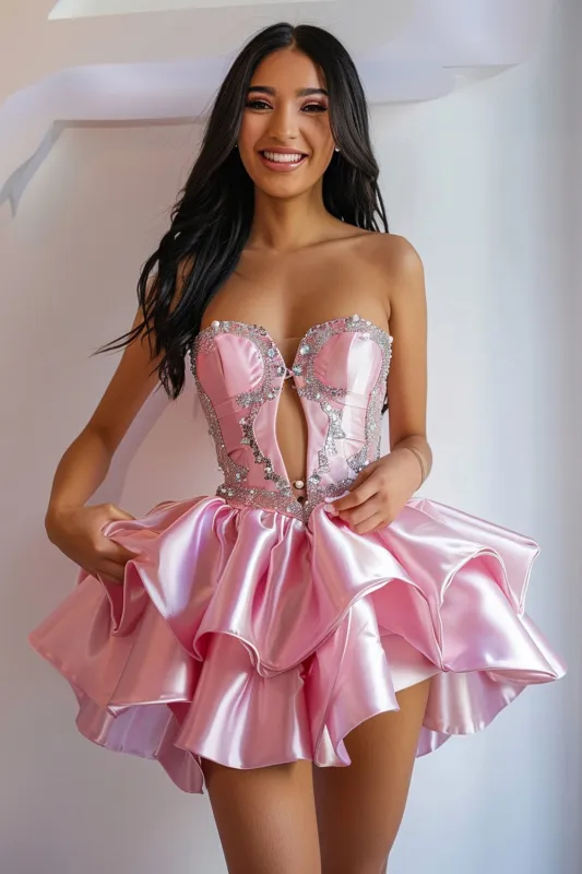 Sparkly Pink Satin Ruffled Short Homecoming Dress with Beading sold by Zapaka