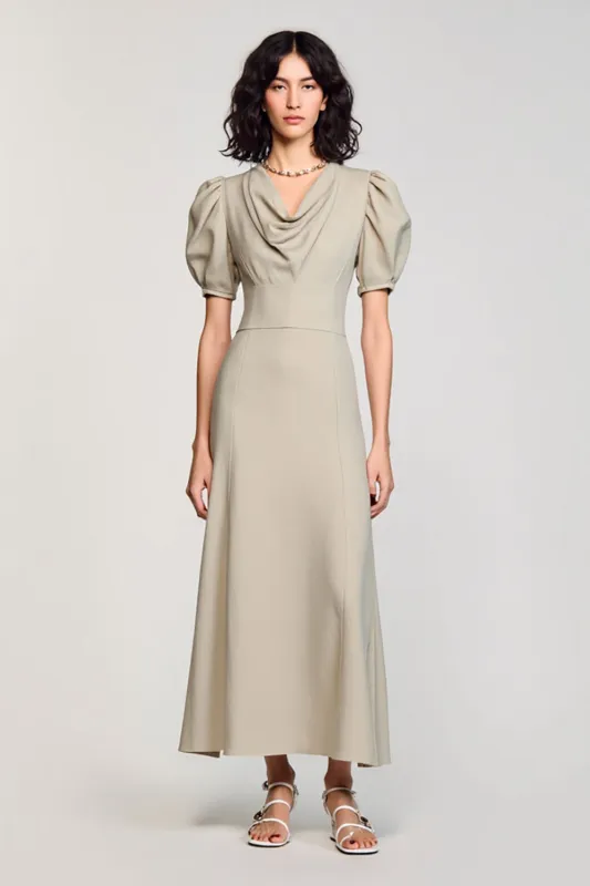 Grey Cowl Neck Satin Long Wedding Guest Dress with Puff Sleeves sold by Zapaka