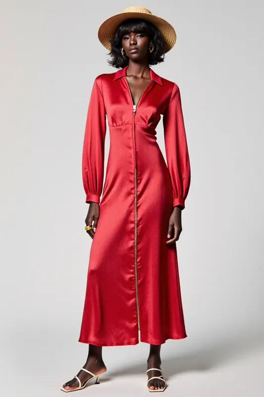 Red Satin A Line Wedding Guest Dress with zipper sold by Zapaka