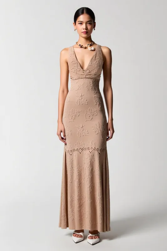 Desert Rose Jacquard V Neck Wedding Guest Dress sold by Zapaka
