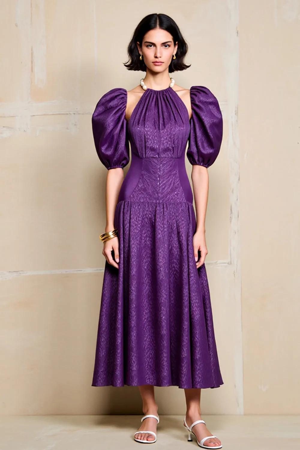 Purple A Line Short Sleeve Wedding Guest Dress sold by Zapaka
