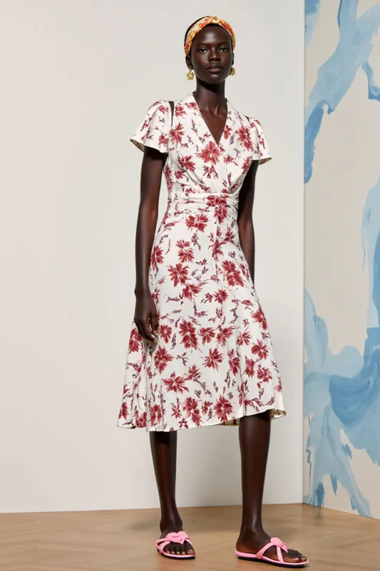 Pink Floral V-Neck Midi Wedding Guest Dress sold by Zapaka