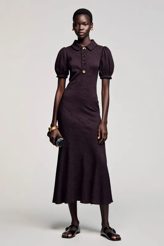 Dark Purple Jacquard A Line Midi Wedding Guest Dress sold by Zapaka