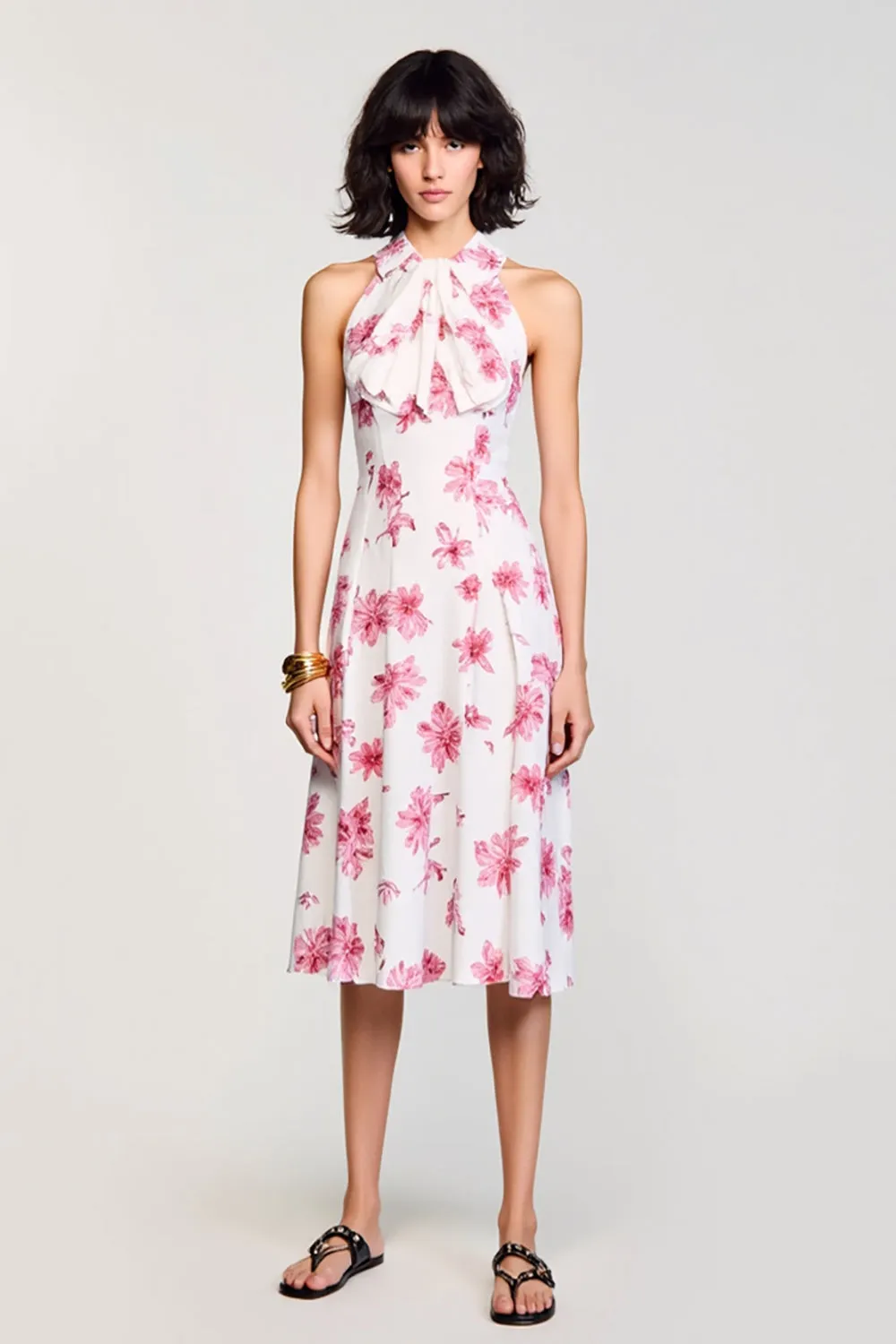 Floral Pink A Line Midi Wedding Guest Dress sold by Zapaka