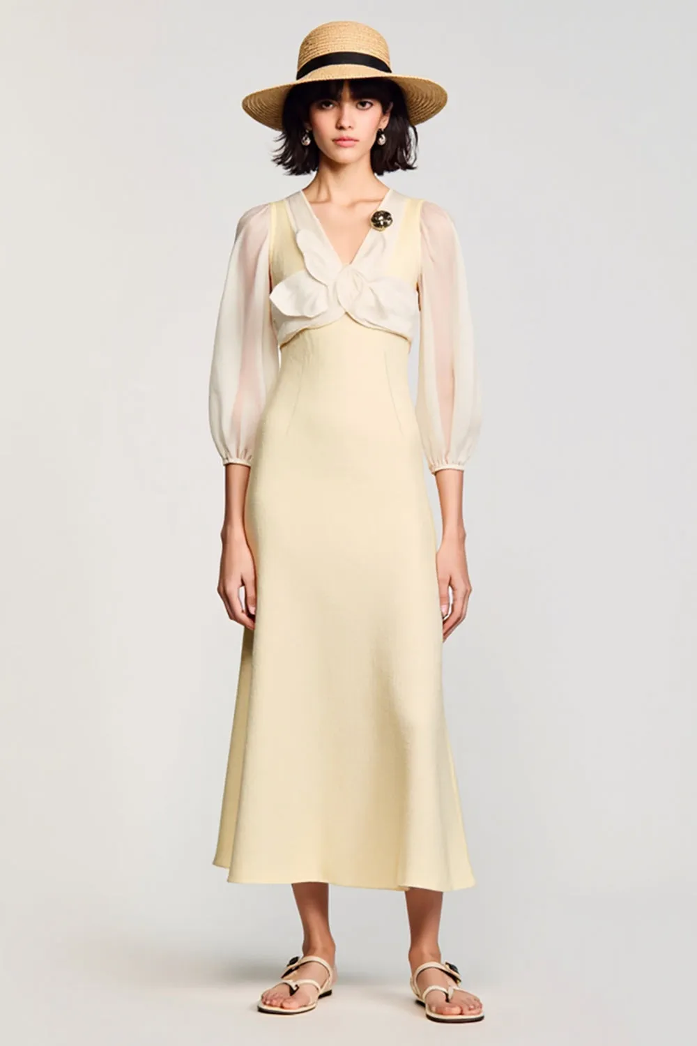 A Line Light Yellow V Neck Long Wedding Guest Dress sold by Zapaka