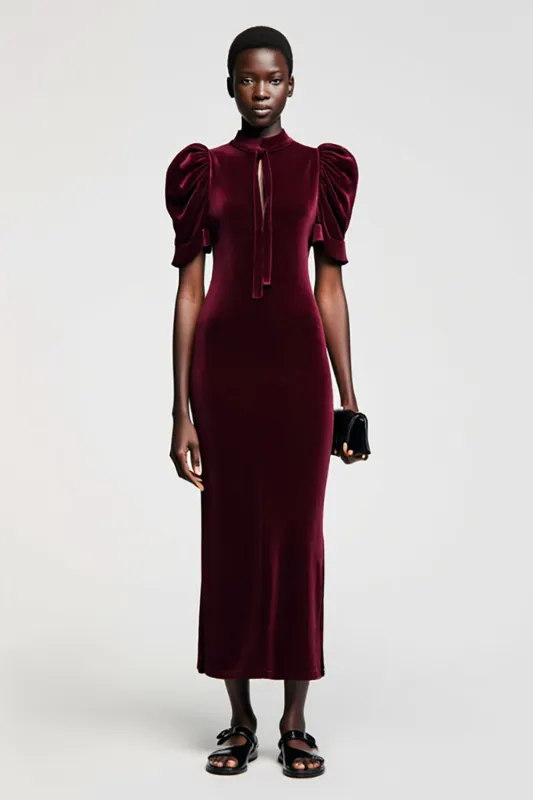 Dark Red Velvet Sheath Wedding Guest Dress sold by Zapaka