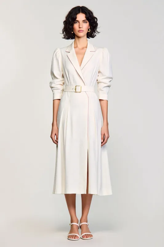 Ivory A Line Notched Lapel Wedding Guest Dress with Sleeves sold by Zapaka