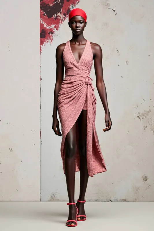 Halter Ruched Pink A Line Wedding Guest Dress With Slit sold by Zapaka