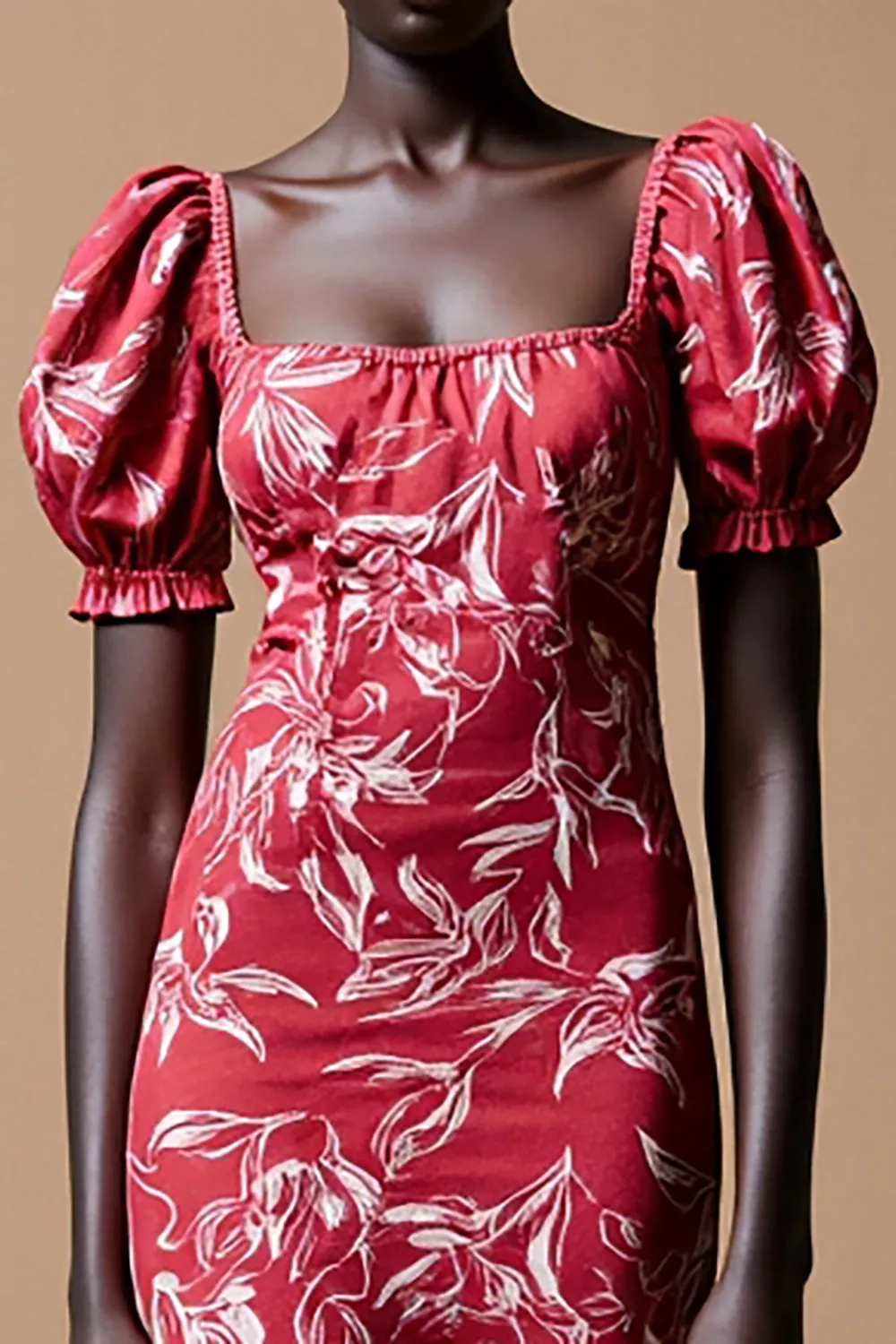 Sheath Red Printed Puff Sleeve Wedding Guest Dress sold by Zapaka product image thumbnail 3