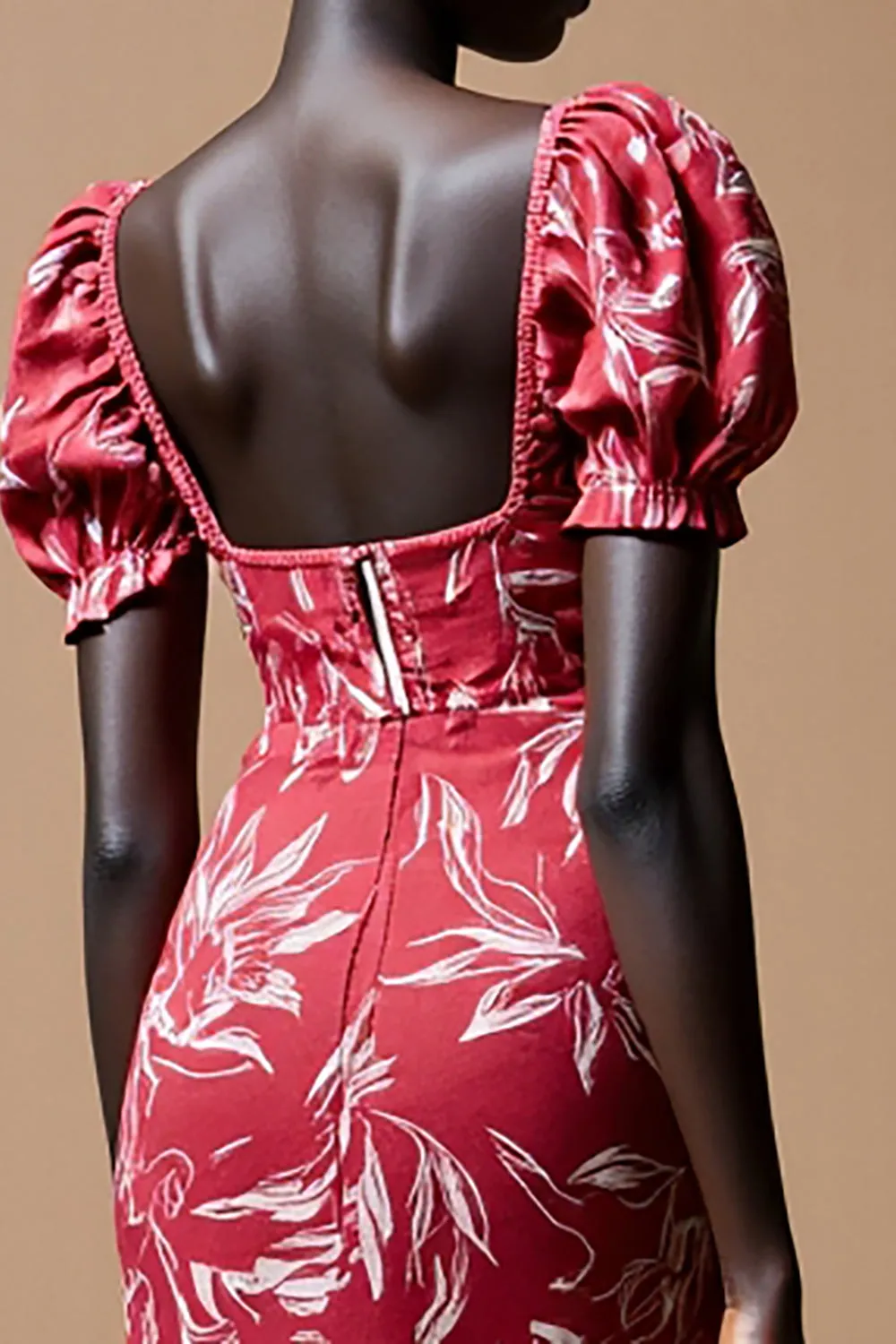 Sheath Red Printed Puff Sleeve Wedding Guest Dress sold by Zapaka product image thumbnail 4