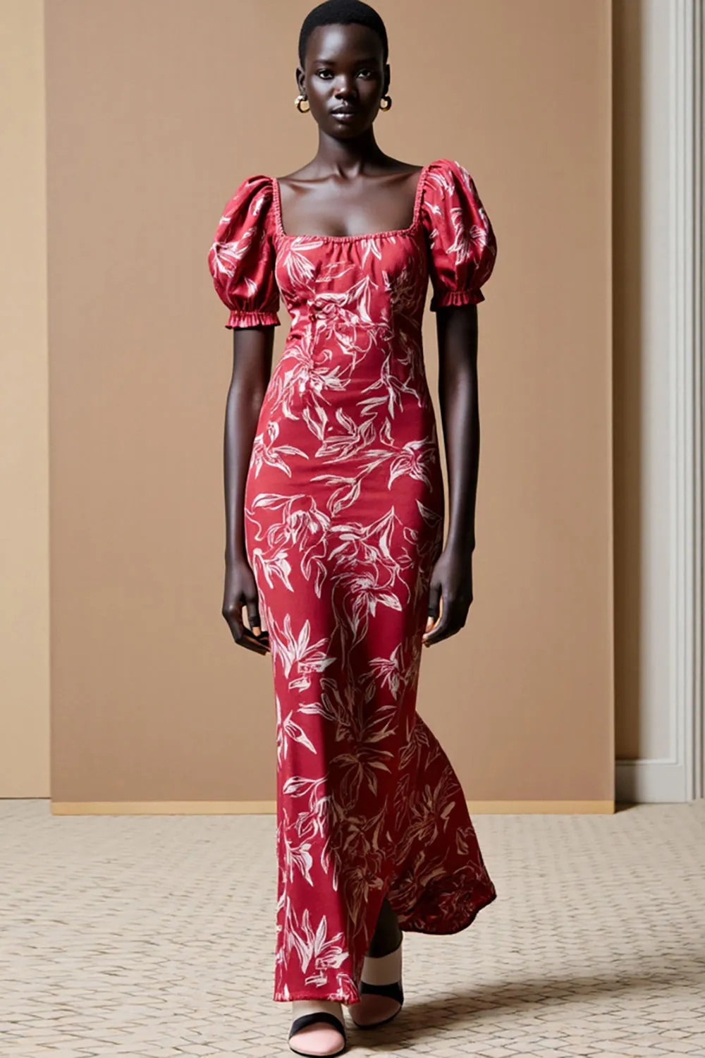 Sheath Red Printed Puff Sleeve Wedding Guest Dress sold by Zapaka