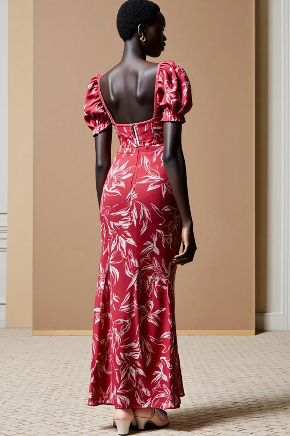 Sheath Red Printed Puff Sleeve Wedding Guest Dress sold by Zapaka product image thumbnail 2