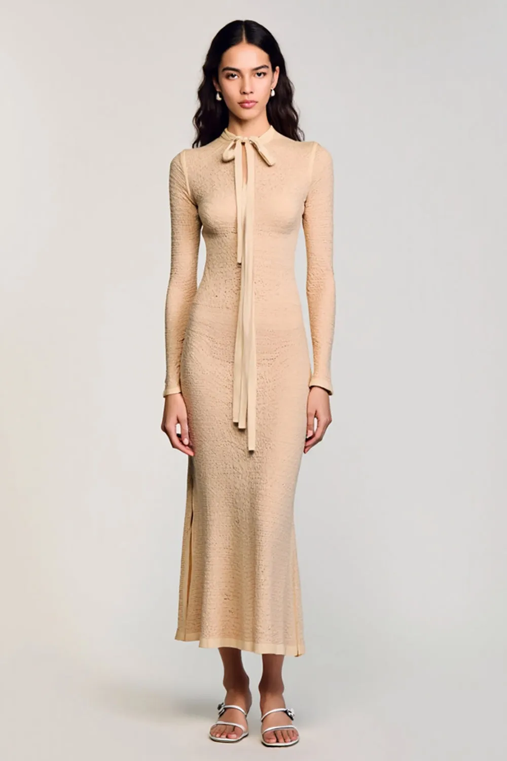 Long Sleeve Sheath High Neck Apricot Wedding Guest Dress With Sash sold by Zapaka