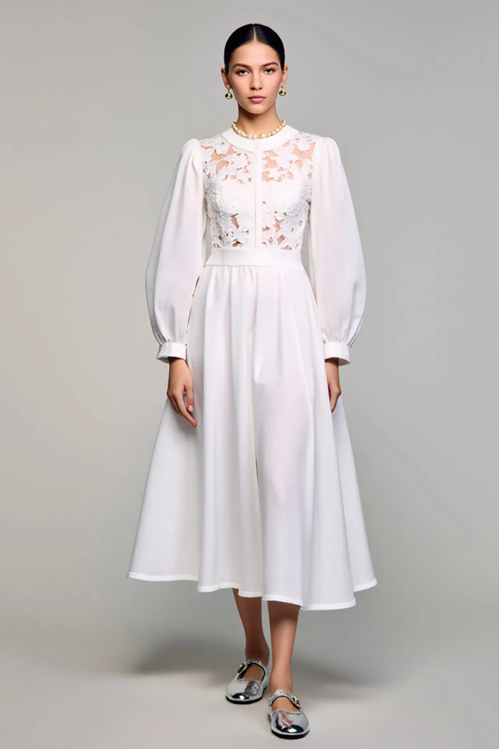 White A Line Long Sleeves Wedding Guest Dress with Lace sold by Zapaka