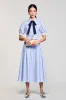 Blue A Line Cotton Striped Wedding Guest Dress sold by Zapaka