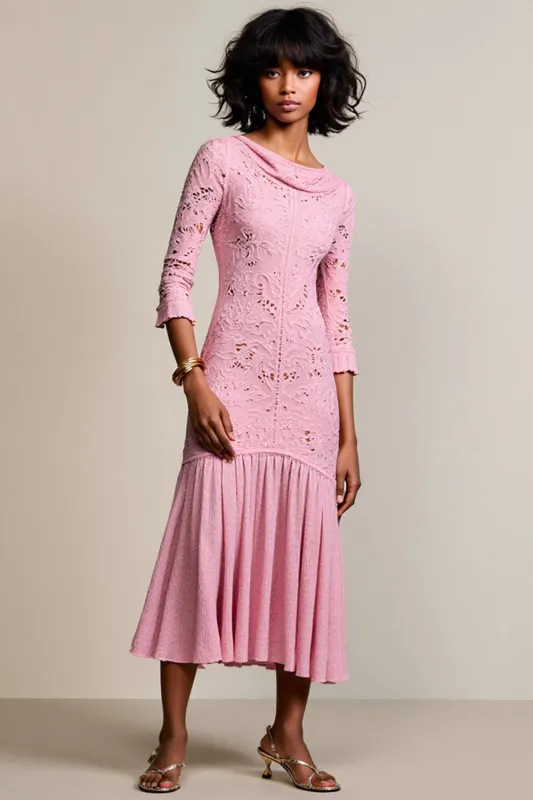 Pink Lace 3/4 Sleeve A Line Wedding Guest Dress sold by Zapaka