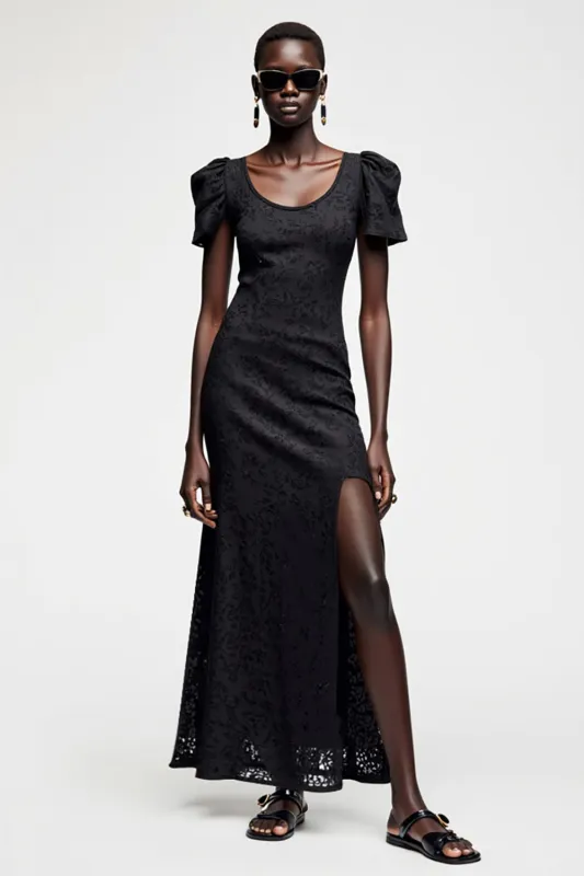 Black Lace Short Sleeves Wedding Guest Dress sold by Zapaka