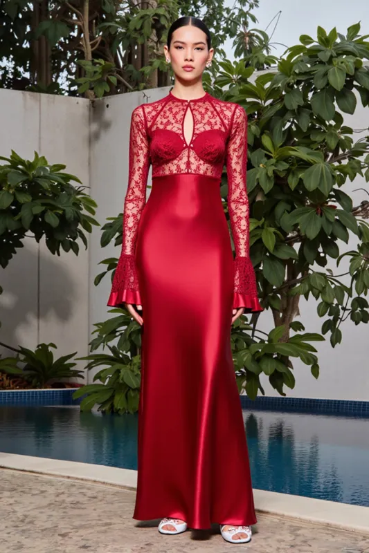 Red Lace Satin Sheath Wedding Guest Dress sold by Zapaka