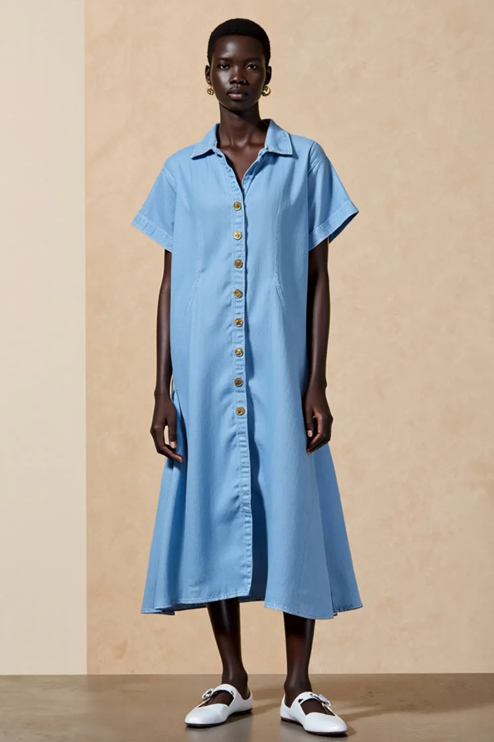 Blue Polo Collar Single-breasted Wedding Guest Dress sold by Zapaka