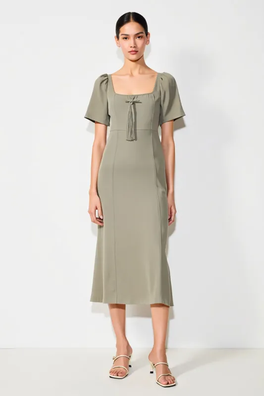 Grey Square Neck Satin Midi Wedding Guest Dress with Short Sleeves sold by Zapaka