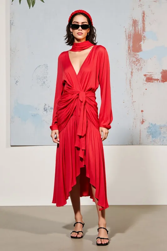 Red Ruched A Line Long Sleeve Wedding Guest Dress sold by Zapaka